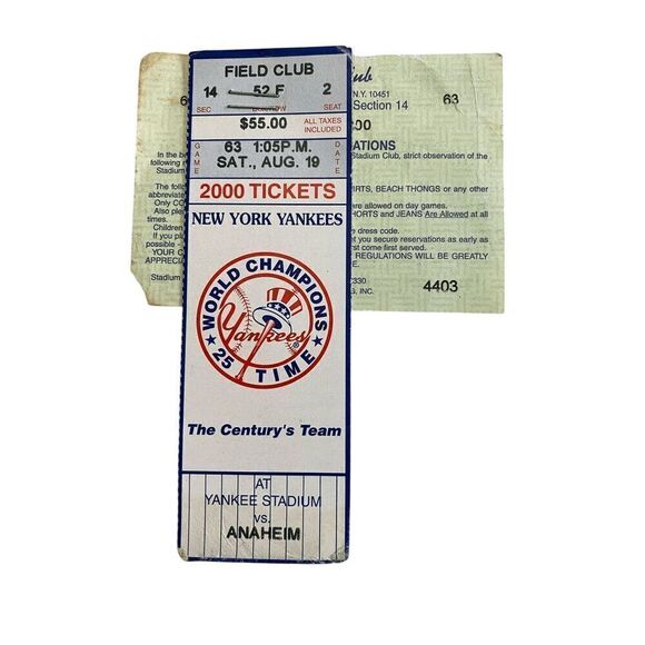 New York Yankees vs Anaheim August 19 2000 Field Club Ticket Stub Old Stadium - Picture 1 of 3